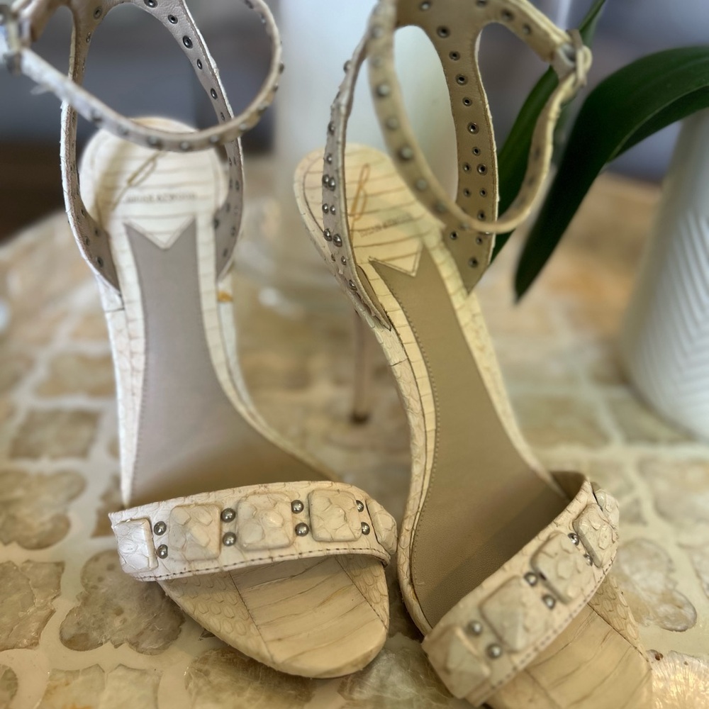 B Brian Atwood Cream Heels with Rhinestone Accents